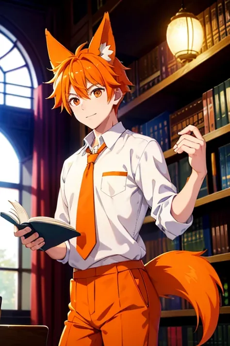 an orange haired male student with orange eyes and orange fox ears and an orange fox tail in a magical  is studying in the library