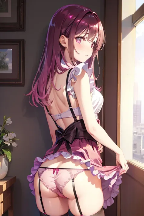 the woman is wearing a Maid clothes standing up on the floor, solo, panties, underwear, skirt, (shiny dark pink satin panties:1.3)、panties that cover the butt、garter belt, lying, thighhighs, skirt lift, looking back, realistic , (butt crack:1.4) , (female ...