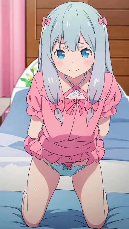 Browsing Caution,One girl,One boy,izumi sagiri, Masamune Izumi,masterpiece,Eromanga Sensei, Gray Hair, pink clip, Hair Bow, smile, cute, Panty shot, Flat Chest, Pink income,blue lace ruffle panties,blue lace ruffle bit,Bedroom,On the bed,Kneel,One boy,1 pe...