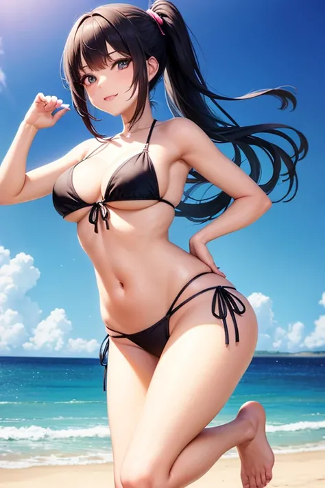 masterpiece, best quality,1girl, solo, Running along the beach&#39;s edge、Girl in blue micro bikini、Black Hair、Short Ponytail、Cute face girl、Beautiful breasts、perfect eyes, perfect face,smile、full body