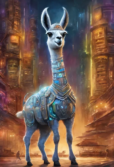 Create an image of a futuristic llama surrounded by various computers. The llama, with sleek, metallic fur and glowing cybernetic enhancements, stands amidst a high-tech environment filled with computer screens, servers, and futuristic gadgets. Its eyes gl...