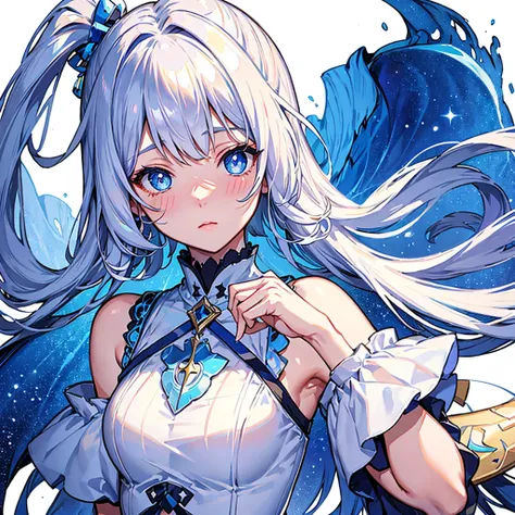 vtuber-halfbody、Bangs shorter than eyebrowasterpiece、Best Quality、Best illustrations、Super detailed、Upper Body、solo、1 girl、looking at the camera、upright、Arms at your sides、Beautiful detailed eyes、Concept Art、from the front、White background、Simple Backgroun...