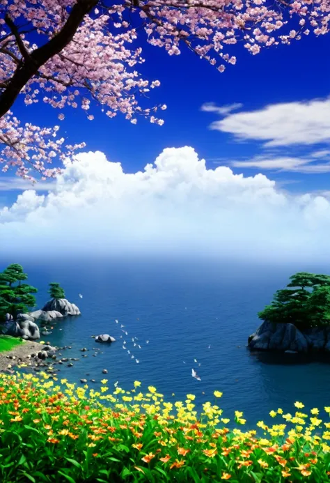 （Mono Color：0.9），（a color：1.1），（tmasterpiece：1，2）， best qualtiy， tmasterpiece， High- sharpness， Original， extremelydetailedwallpaper，From the picture, We can see the trees on the shore towering into the clouds，The branches are full of flowers，Flocks of but...