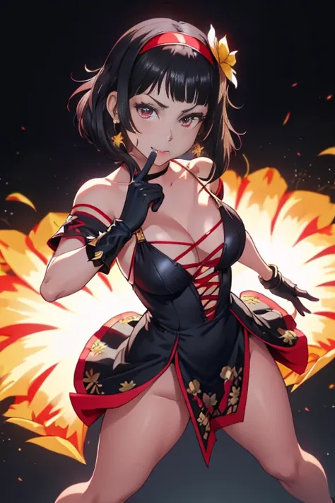 yor briar, anime style beutiful woman, 1girl, happy, sexy pause,(with sparkling eyes and a contagious smile:0.9),red face, closed mouth, beautiful detailed eyes, super detailed skin, backlighting, bare shoulders, black background, black dress, black gloves...