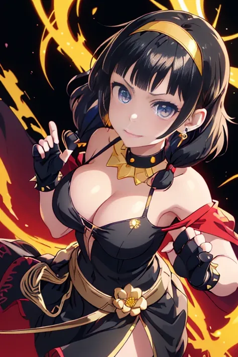 yor briar, anime style beutiful woman, 1girl, happy, sexy pause,(with sparkling eyes and a contagious smile:0.9),red face, closed mouth, beautiful detailed eyes, super detailed skin, backlighting, bare shoulders, black background, black dress, black gloves...