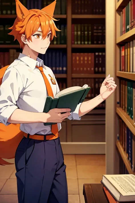 an orange haired male student with orange eyes and orange fox ears and an orange fox tail in a magical  is picking out a book in the libary
