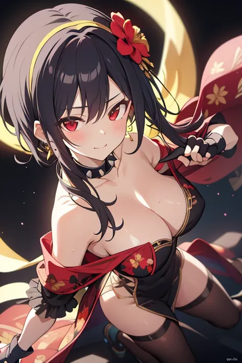 yor briar, anime style beutiful woman, 1girl, happy, sexy pause,(with sparkling eyes and a contagious smile:0.9),red face, closed mouth, beautiful detailed eyes, super detailed skin, backlighting, bare shoulders, black background, black dress, black gloves...