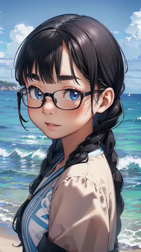 8K quality,(super masterpiece:1.3),highest quality,Detailed Images,1 female,symmetrical beauty,20th Generation,Medium build(Black Hair,Curly Hair,With bangs,Two braids),(Thick eyebrows,Thick eyebrows),(Blue Eyes,blue eyes),(Rimless Glasses,Thin-rimmed glas...