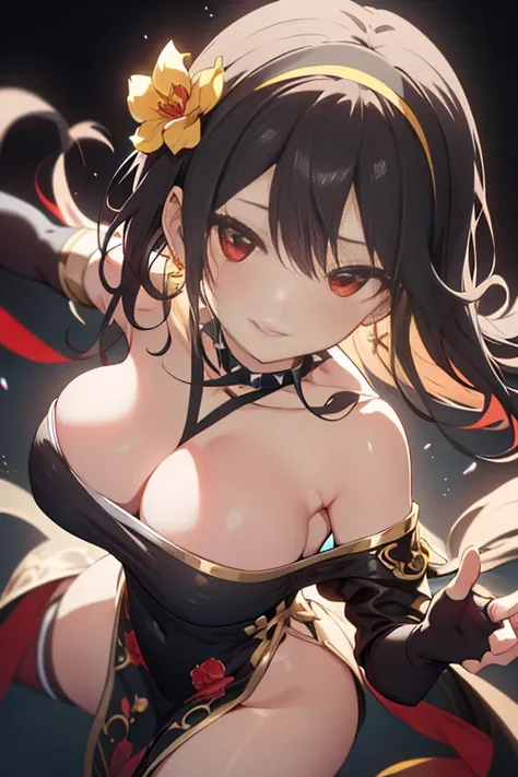 yor briar, anime style beutiful woman, 1girl, happy, sexy pause,(with sparkling eyes and a contagious smile:0.9),red face, closed mouth, beautiful detailed eyes, super detailed skin, backlighting, bare shoulders, black background, black dress, black gloves...