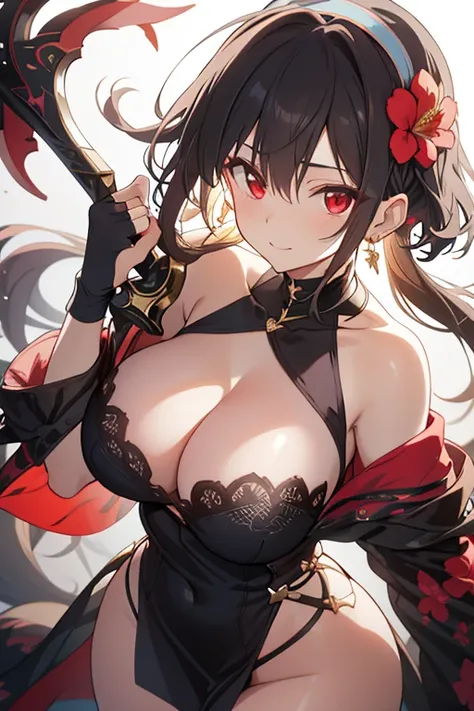 yor briar, anime style beutiful woman, 1girl, happy, sexy pause,(with sparkling eyes and a contagious smile:0.9),red face, closed mouth, beautiful detailed eyes, super detailed skin, backlighting, bare shoulders, black background, black dress, black gloves...