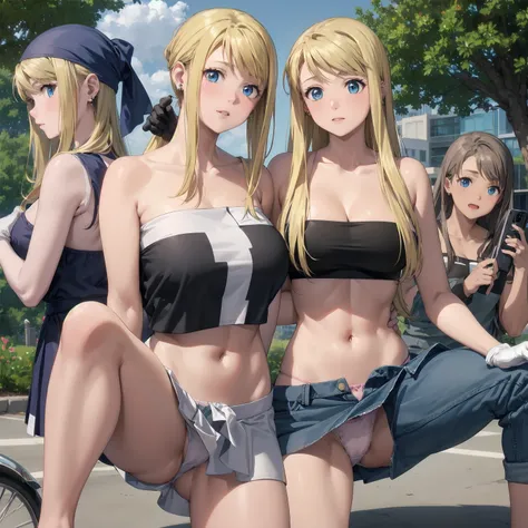 (((Pixel Perfect, Perfect detail))),
winry rockbell, blue eyes, blonde hair, gloves, navel, cleavage, bare shoulders, collarbone, earrings, midriff, pants, stomach, bare arms, strapless, bandana, bandeau, tube top, grey gloves,(Showing panties:1.3), Roll u...