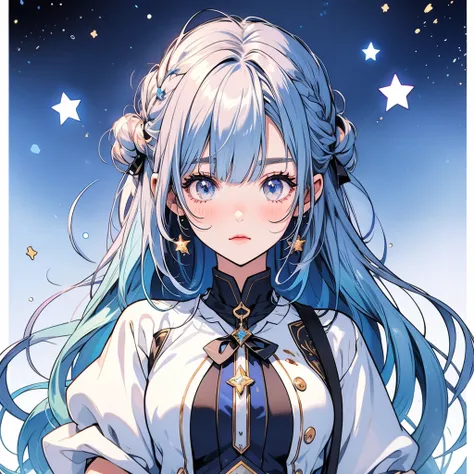 Star Fairy、vtuber-halfbody、Bangs shorter than eyebrowasterpiece、Best Quality、Best illustrations、Super detailed、Upper Body、solo、1 girl、looking at the camera、upright、Arms at your sides、Beautiful detailed eyes、Concept Art、from the front、White background、Simpl...