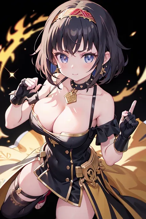 yor briar, anime style beutiful woman, 1girl, happy, sexy pause,(with sparkling eyes and a contagious smile:0.9),red face, closed mouth, beautiful detailed eyes, super detailed skin, backlighting, bare shoulders, black background, black dress, black gloves...