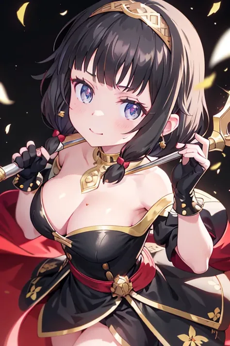 yor briar, anime style beutiful woman, 1girl, happy, sexy pause,(with sparkling eyes and a contagious smile:0.9),red face, closed mouth, beautiful detailed eyes, super detailed skin, backlighting, bare shoulders, black background, black dress, black gloves...