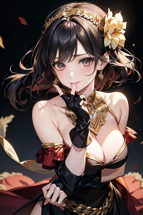 yor briar, anime style beutiful woman, 1girl, happy, sexy pause,(with sparkling eyes and a contagious smile:0.9),red face, closed mouth, beautiful detailed eyes, super detailed skin, backlighting, bare shoulders, black background, black dress, black gloves...