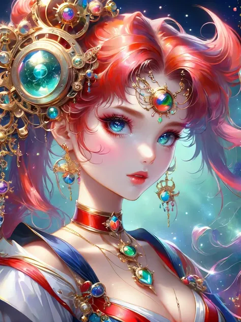 Best quality，very good，8k，absurd，Extremely detailed，Sailor Moon Fighting，Short red messy hair，kaleidoscope，(Cyberpunk:0.7)，Steampunk，Dieselpunk and clockpunk，kaleidoscope采用热粉色，Made of shiny gold plated and shiny silver plated，Broken sparkling colored gemst...