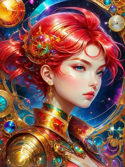 Best quality，very good，8k，absurd，Extremely detailed，Sailor Moon Fighting，Short red messy hair，kaleidoscope，(Cyberpunk:0.7)，Steampunk，Dieselpunk and clockpunk，kaleidoscope采用热粉色，Made of shiny gold plated and shiny silver plated，Broken sparkling colored gemst...