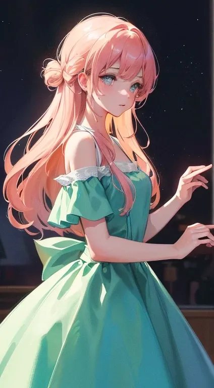 There is one girl，Beautiful dress，Long Hair，night，Moon，Glow worms，star，Indie game concept art, Beautiful artwork illustration, illustration concept art, comfortable， Dreamy digital painting, Background artwork, Magical fantasy 2D concept art, emotional con...