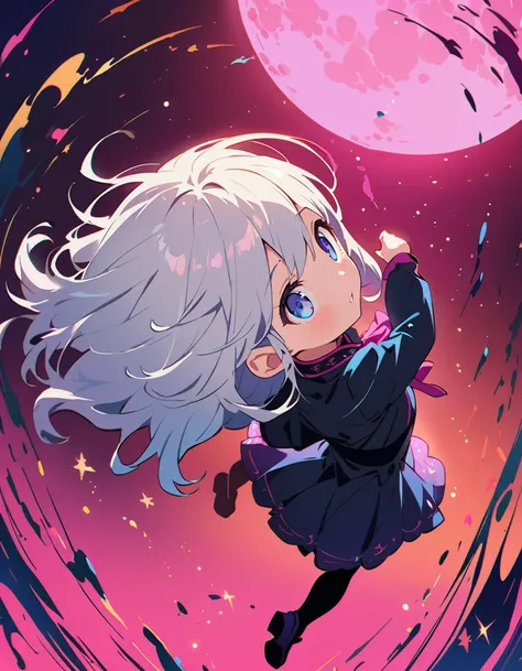 1 girl,Silver Hair、(Pink Moon:1.5、full moon)、(full moonを見ている,Looking into the distance:1.2)、Full Body、(highest quality、masterpiece、High resolution、detailed)、animeスタイル、Flat Style、(Beautiful Eyes, Delicate and beautiful face),  BREAK,floating, (High saturati...