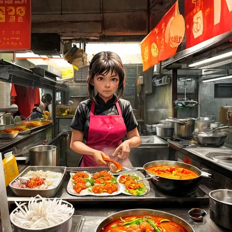 Girl cooking at a Thai food stall