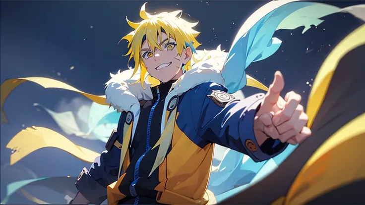 Man,Handsome,male,Naruto,Rimuru,Yellow hair front light blue hair,multicolored hair,yellow eyes,blue Jacket,white shirt,Black cloak,smiling,space background