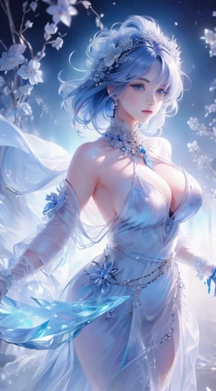 masterpiece，Highest Resolution，((((diamond))))，Dynamic avatar of a beautiful aristocratic girl，Her blue hair is elegantly curled，，jewelry，adiamondnecklace，（((Wearing a huge cloak)))，Purple transparent eyes，(((Her hair is covered with beautiful and delicate...