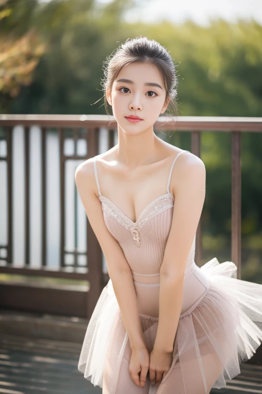 best quality，masterpiece，HD，A pure and beautiful girl，Exquisite face shape，Korean makeup，Clear face，Coffee-colored hair，prima ballerina，tutu