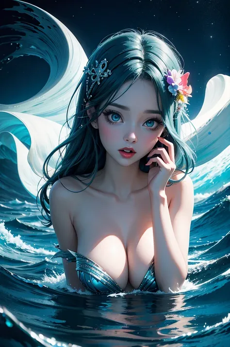 photo realisitic,(beautiful Siren singing at deep sea),siren(grotesque,scary),very deep sea,slight light,landscape,