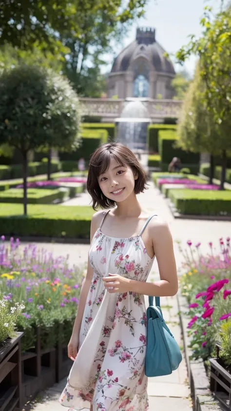 masterpiece, highest quality, disorganized, perfect anatomy, 1 girl, alone, pascal tales, short hair, beautiful, Hilarious, sunny day, botanical garden, Summer winds, sundress, Floral, wavy hair, smile