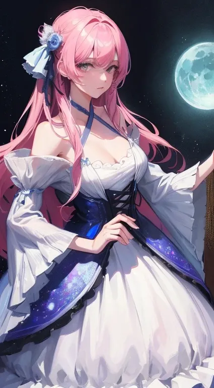 There is one girl，Beautiful dress，Long Hair，night，Moon，Glow worms，star，Indie game concept art, Beautiful artwork illustration, illustration concept art, comfortable， Dreamy digital painting, Background artwork, Magical fantasy 2D concept art, emotional con...