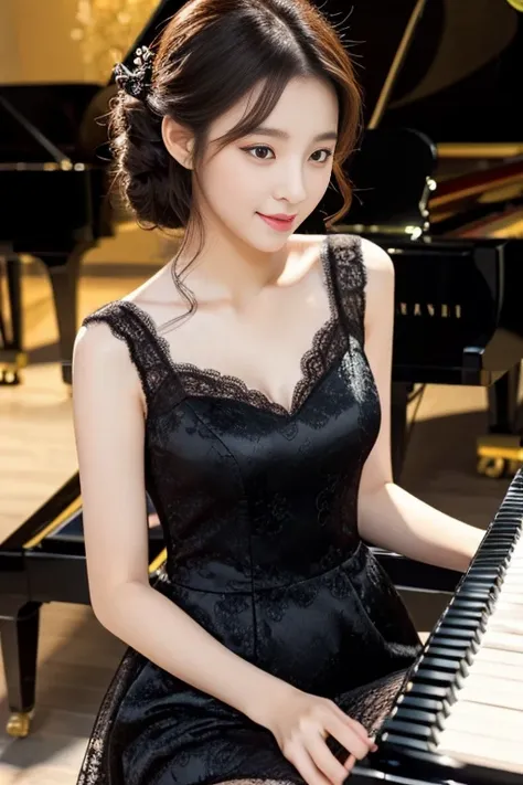 best quality，masterpiece，HD，Clear face，Black slightly curly medium length hair，Korean makeup，a korean beauty，Piano，Black lace dress，pianist