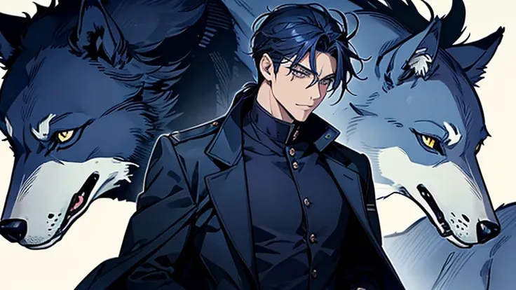 masterpiece, highest quality, confused, male,dark blue hair, low ponytail,black and navy blue pilot suit,expensive,,carrying wol...