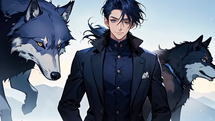 masterpiece, highest quality, Confused, male,one person,Navy Blue Hair, Low Ponytail,Black and navy blue pilot suit,expensive,,Carrying wolves,He has a navy blue coat draped over his shoulders,,Dark blue eyes,A kind smile,With the wolf,dawn
