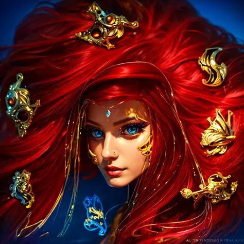 (masterpiece, best quality:1.2), 1girl, solo ((ultra realistic))), photo, best quality, trending on artstation, ONE beautiful woman (long dark red hair:1.2), (detailed eyes:1.2), gold body jewelry, no jewelry in hair, heavy eye makeup, mascara, glossy pink...