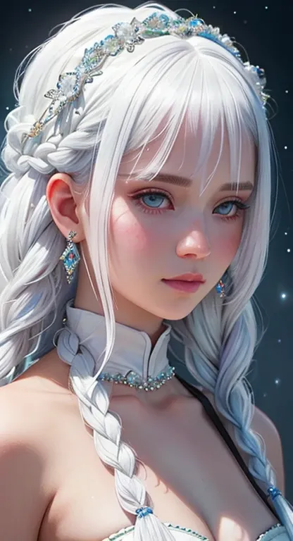 A close-up of an albino girl with the white hair is braided into many afto-braids,  wearing an intricate veil, adorned with tiny and gorgeous jewels and beads, crystalline shimmer, focus on the face, with intricate details in the style of James Jean and Mo...