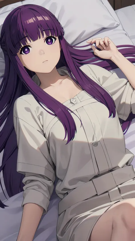 (((Pixel Perfect, Perfect detail))), One girl, alone, From above, Fern, Long Hair, bangs, (Purple eyes:1.1), Purple Hair, Side Lock, blunt bangs, (Bright Eyes:1.5), Half Up,(Lying in bed:1.3), whole body