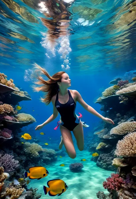 1girl, diving, underwater scenery, crystal clear water, colorful marine life, vibrant coral reefs, majestic sea turtles, gracefu...