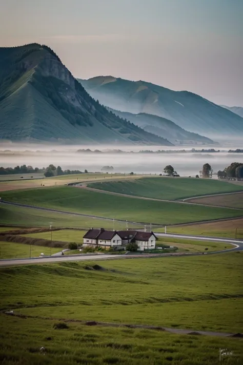 Best quality, masterpiece, super high resolution, (realism: 1.4), oil painting style, film lighting, Endless Meadows, dotted with several houses, I stood on an empty asphalt road and looked at it., the fairy mountains were foggy, And the cranes flew