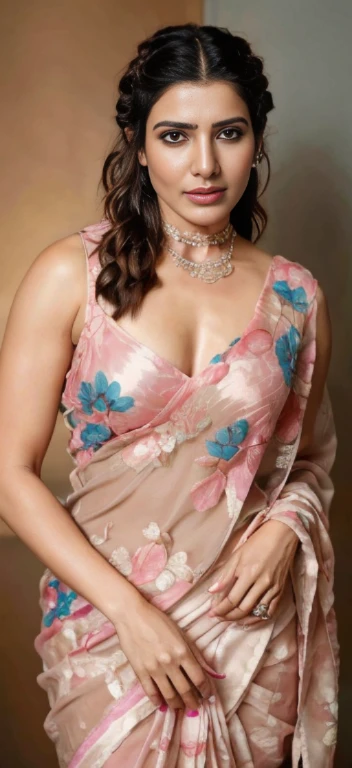 night scene, extreme closeup photo samantha ruth prabhu with blue eyes, hourglass figure, swooping breasts, showing deep cleavage, french braid hair, necklace, sexy see through bra and saree, pink flower, sultry, look at viewer lusciously, (cinematic:1.3),...