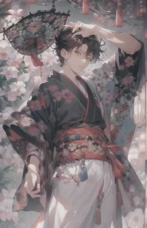 ((highest quality)), ((masterpiece)), (get used to it), perfect face , beautiful boy , adult male , kimono pose ,