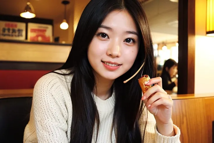 A young Japanese woman talking to someone,sitting in a restaurant,Close-up, smile, Positive atmosphere,spaghetti,Cola