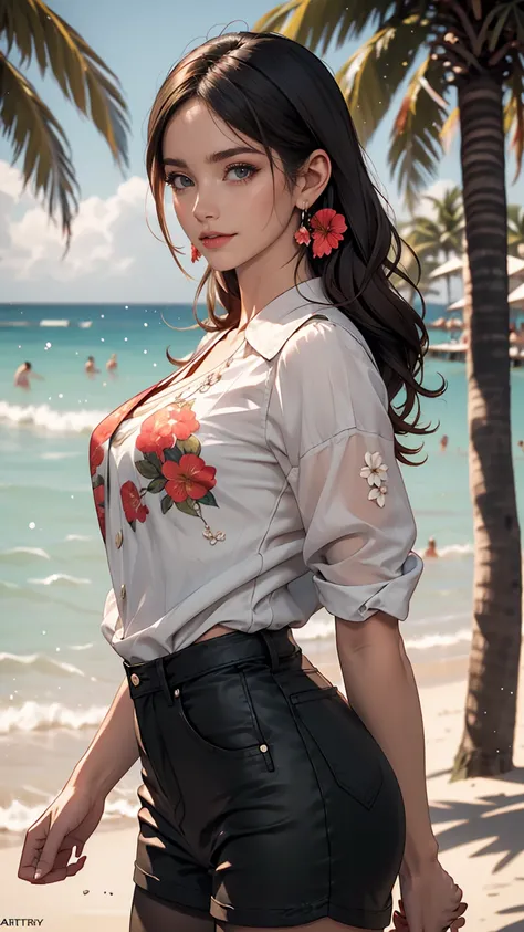 alone, whole body,Earrings, eyelash, pantyhose,, (Beach,(Palm tree),crowd,(A see-through white shirt), Floral print,Red lips),Sexy and provocative smile,, (Shiny skin:1.05),(blush:0.9),(Skin dents:1.15),Realistic, masterpiece, highest quality, High resolut...