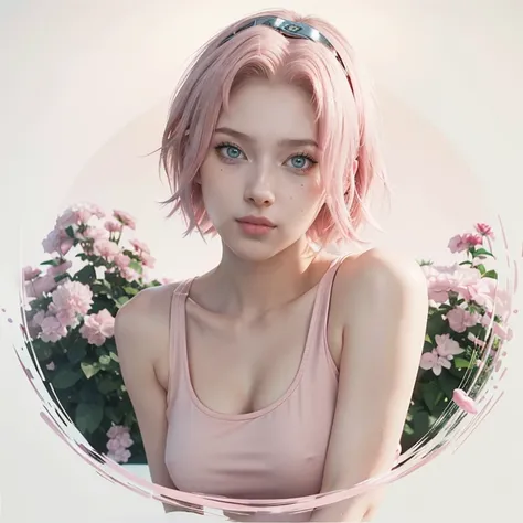 young woman, short shoulder-length pink hair, wide forehead, porcelain skin, pink eyebrows, big emerald green eyes, buttoned nose, full lips, heart-shaped face, slender body, small breasts, red tank top, Sakura Haruno , realistic, realism, details, 3d, wel...