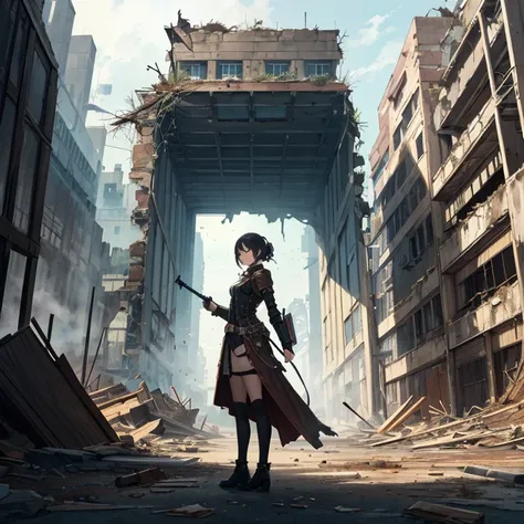 Masterpiece, high quality, steampunk AI, ruined buildings,A beautiful armed girl standing alone,