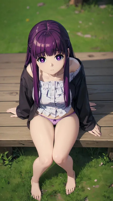 (((Pixel Perfect, Perfect detail))), One girl, alone, From above, Fern, Long Hair, bangs, (Purple eyes:1.1), Purple Hair, Side Lock, blunt bangs, (Bright Eyes:1.5), Half Up, sitting, (showing panties:1.3), whole body