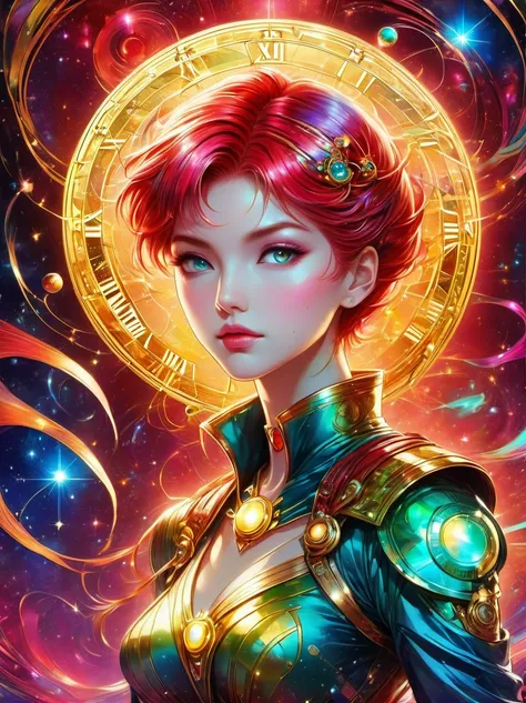 Best quality，very good，8k，absurd，Extremely detailed，Sailor Moon Fighting，Short red messy hair，kaleidoscope，(Cyberpunk:0.7)，Steampunk，Dieselpunk and clockpunk，kaleidoscope采用热粉色，Made of shiny gold plated and shiny silver plated，Broken sparkling colored gemst...