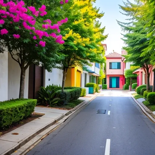 a street with beautiful modern jew houses, bright colors