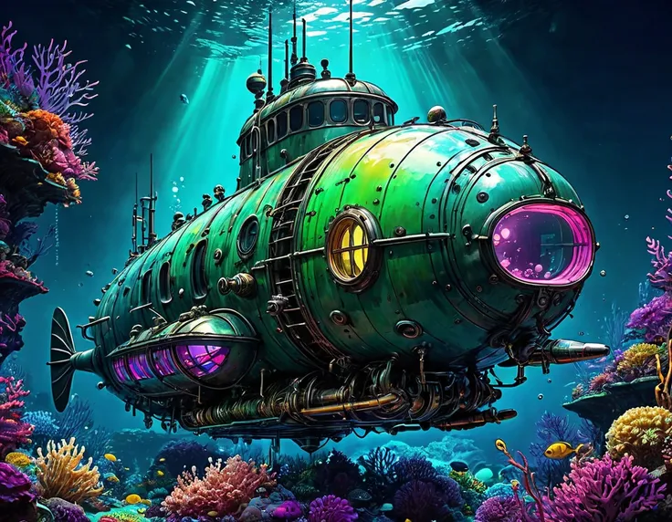 Nautilus submarine from Captain Nemo immersed in the neon-lit ocean depths, style blend of Benedick Bana and Studio Ghibli, alcohol ink sketch technique, hyperdetailed, 32k resolution, employing octane rendering akin to Unreal Engine, with radiant color pa...