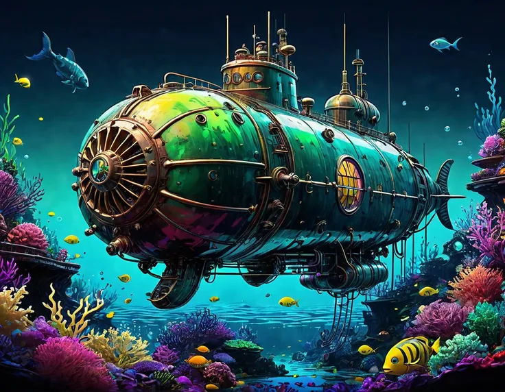 Nautilus submarine from Captain Nemo immersed in the neon-lit ocean depths, style blend of Benedick Bana and Studio Ghibli, alcohol ink sketch technique, hyperdetailed, 32k resolution, employing octane rendering akin to Unreal Engine, with radiant color pa...