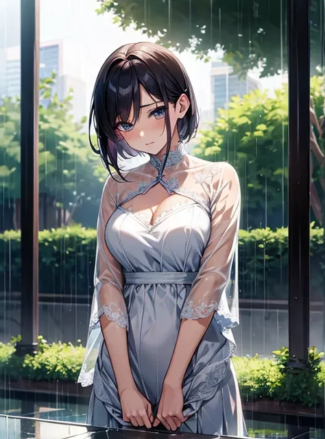 Attractive breasts、Beautiful and attractive anime woman, Enchanting anime girl, Top rated on pixiv、Short Bob、in the rain、Soaking wet、garden、widow、Cute clothes